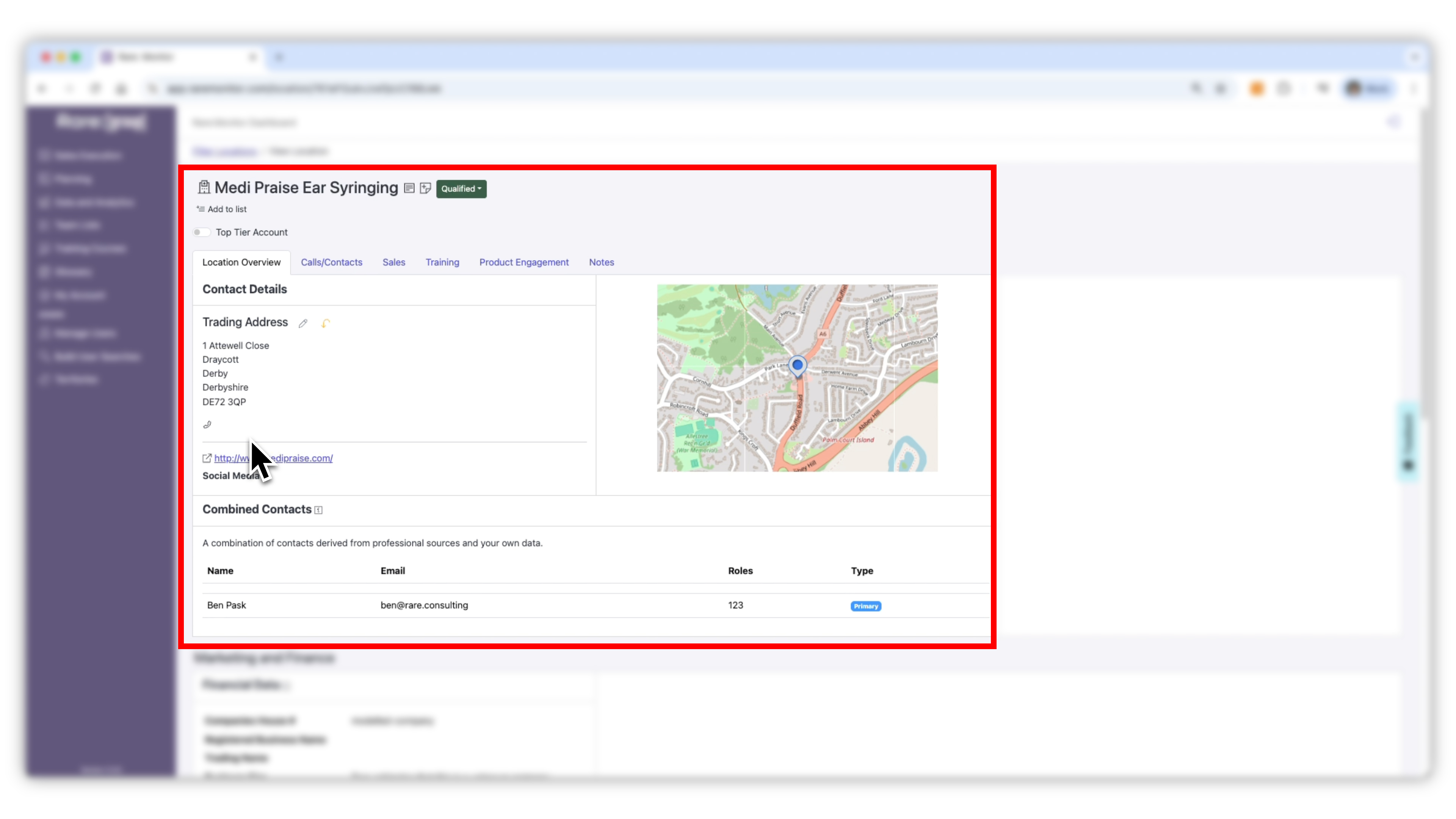 First-step screenshot from the Managing and Recording CRM Records lesson, showing the relevant area of Rare.Monitor.