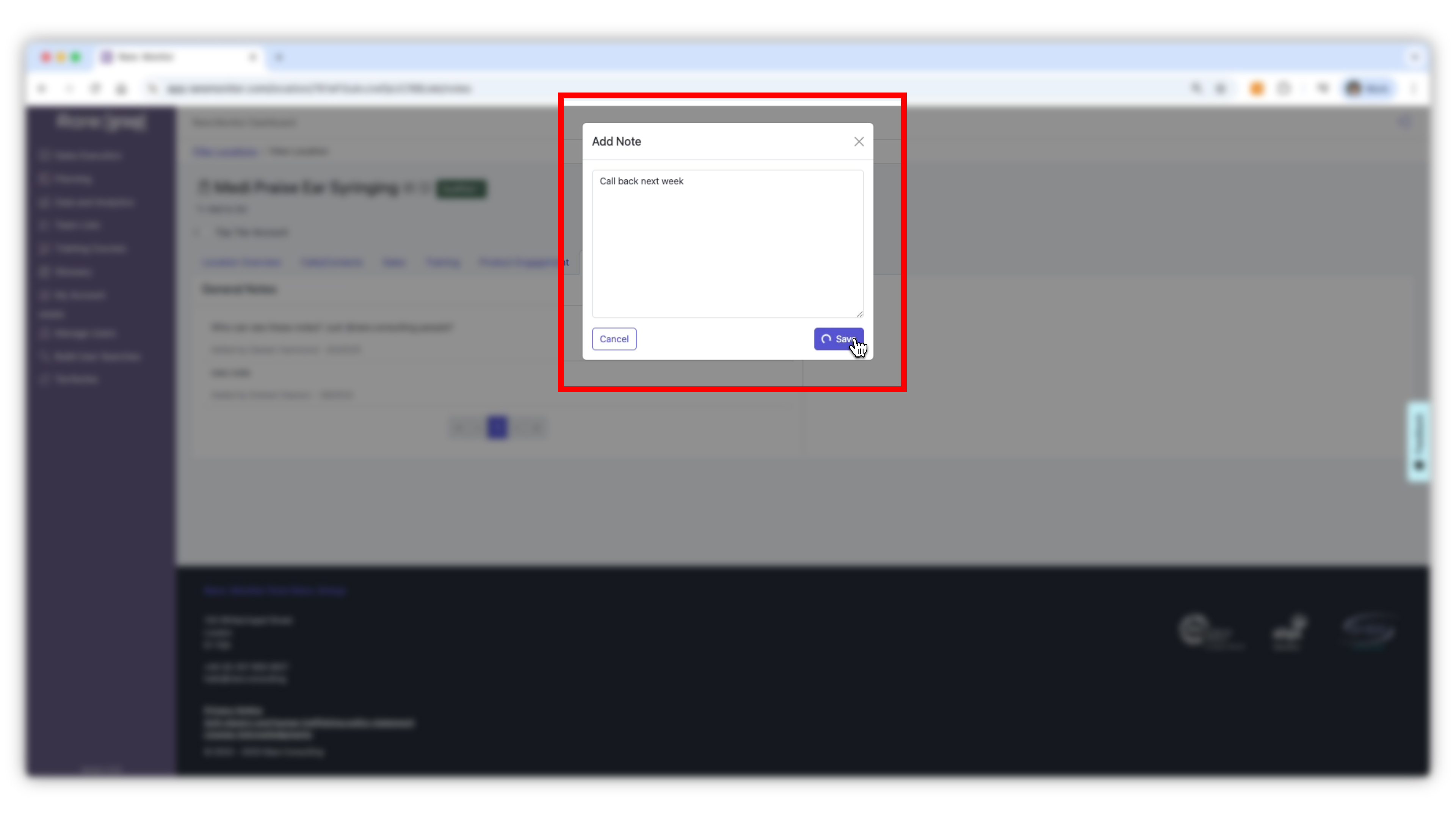 Screenshot from the Rare.Monitor how-to guide for Managing and Recording CRM Records, illustrating "Add Notes and Update Client Status".