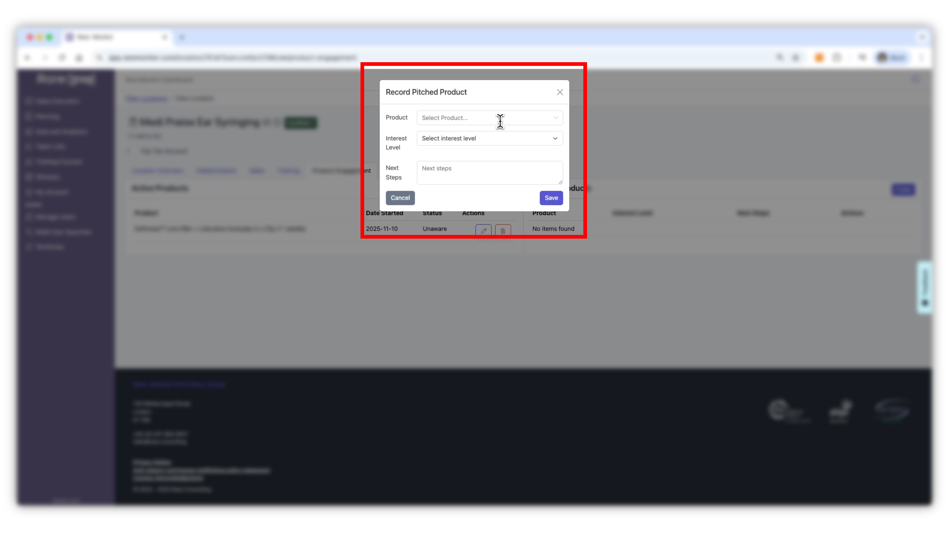 Screenshot from the Rare.Monitor how-to guide for Managing and Recording CRM Records, illustrating "Track Product Engagement".