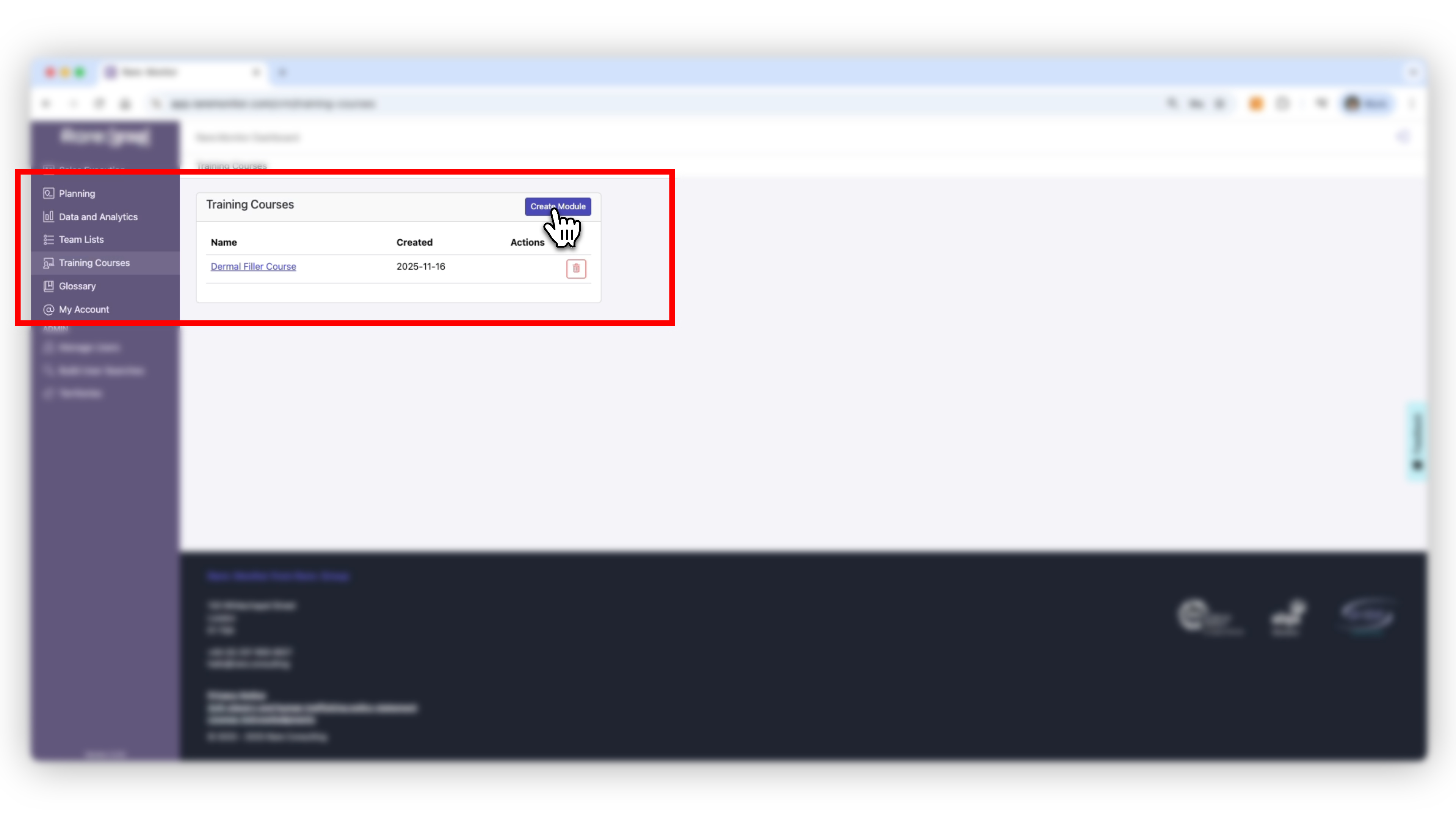 First-step screenshot from the Create Training Courses & Modules lesson, showing the relevant area of Rare.Monitor.