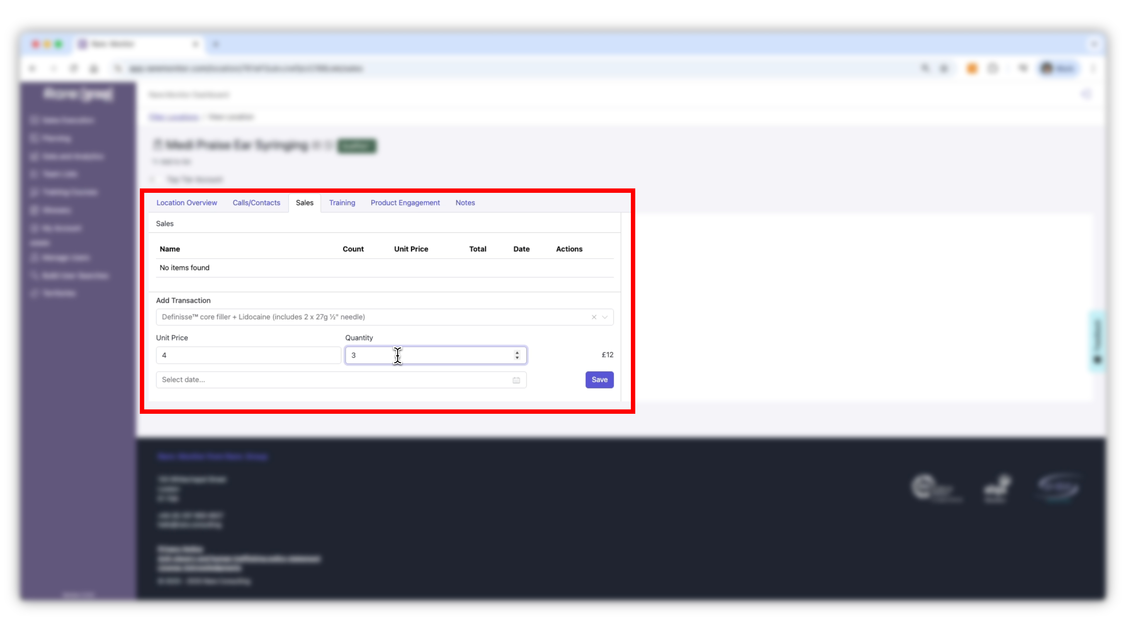 Screenshot from the Rare.Monitor how-to guide for Managing and Recording CRM Records, illustrating "Record Sales".