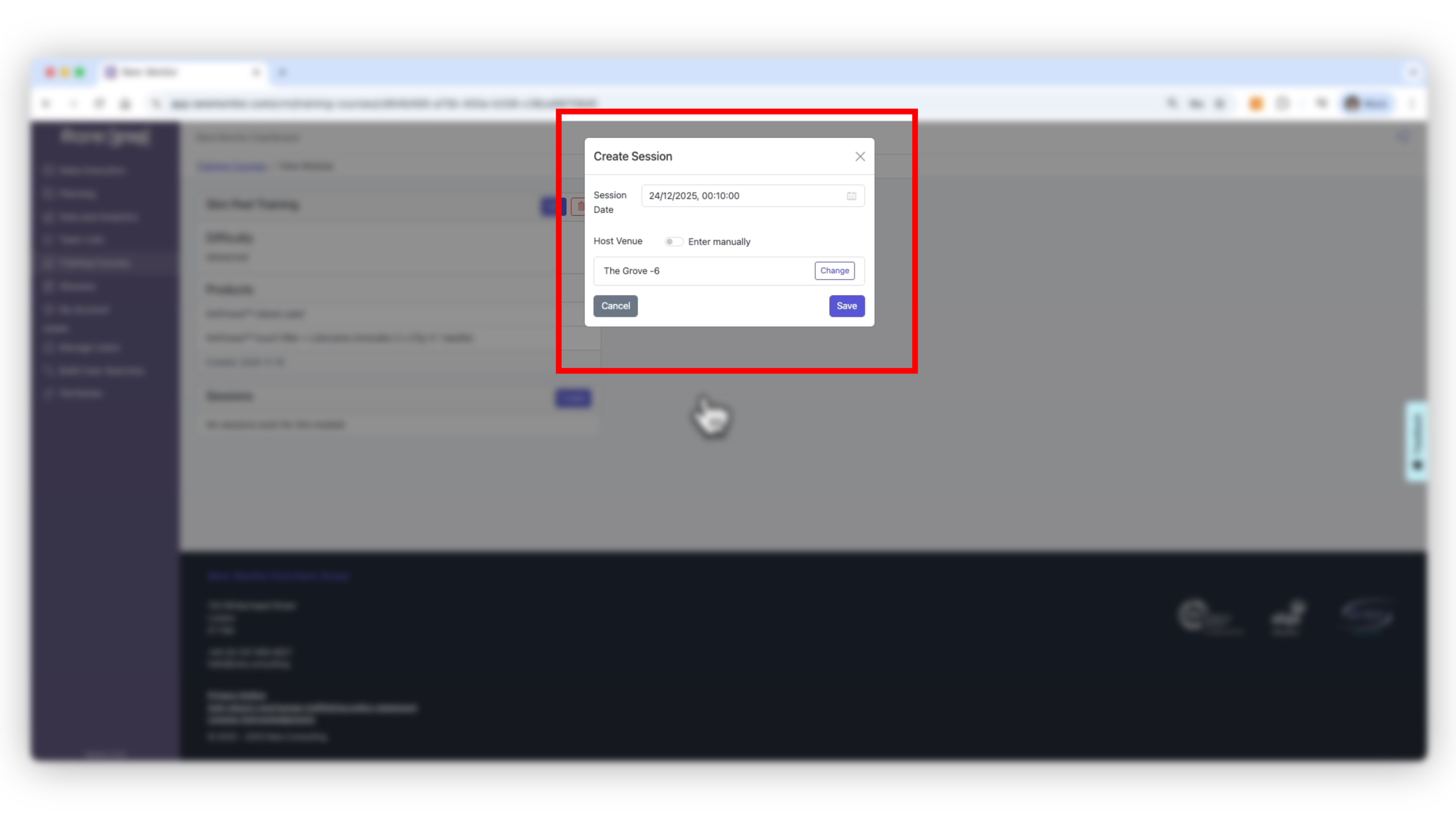 Screenshot from the Rare.Monitor how-to guide for Create Training Courses & Modules, illustrating "Create a Training Session".