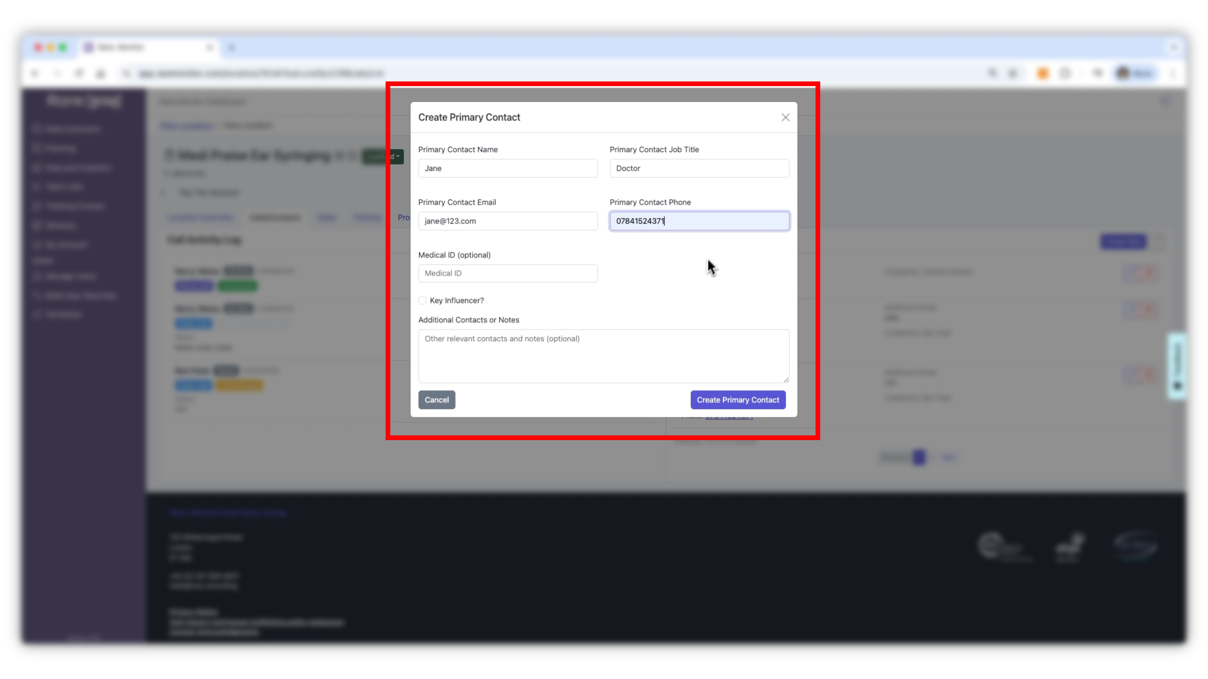 Screenshot from the Rare.Monitor how-to guide for Managing and Recording CRM Records, illustrating "Add or Update a Contact".