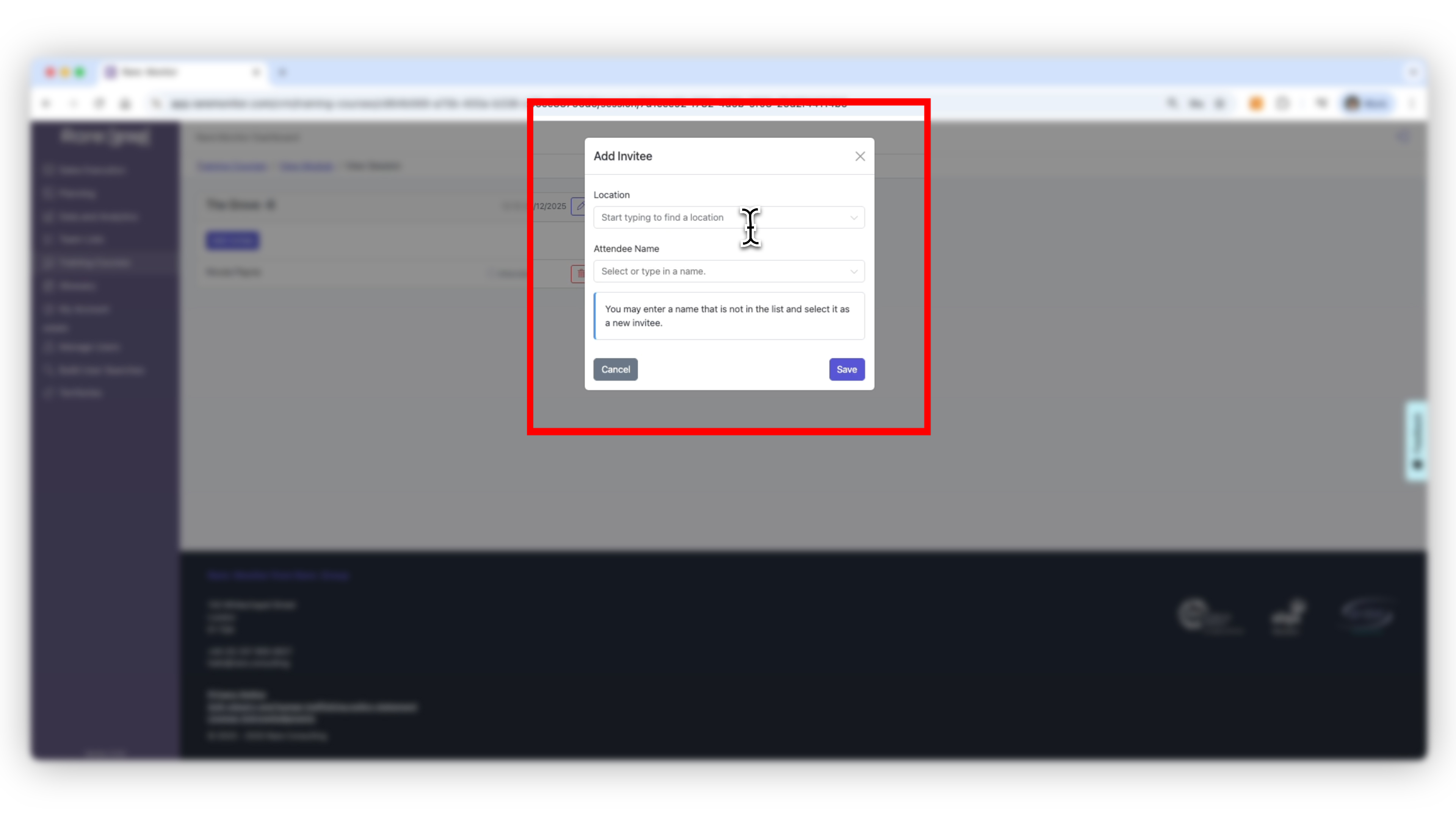 Screenshot from the Rare.Monitor how-to guide for Create Training Courses & Modules, illustrating "Add Attendees".