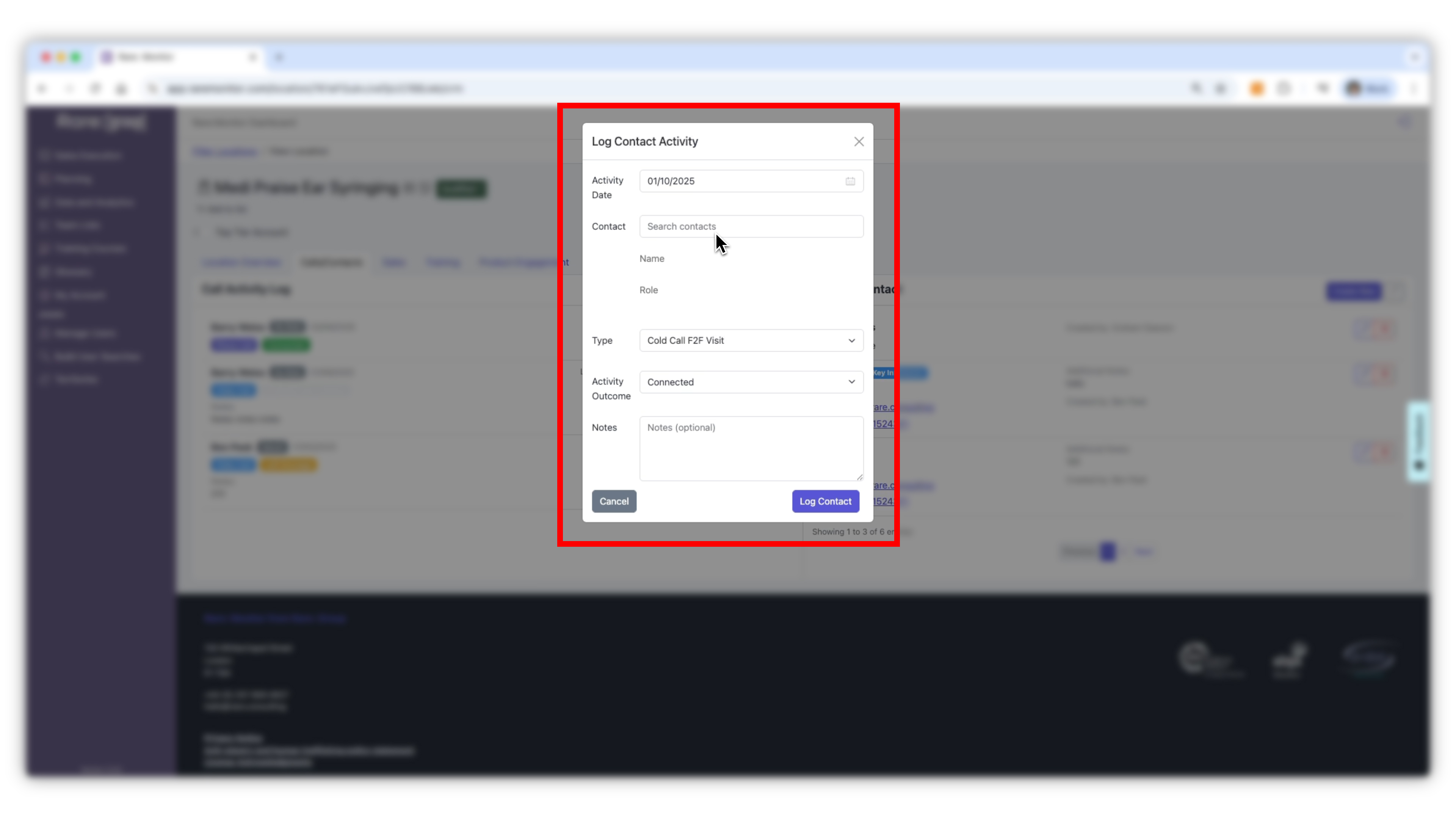 Screenshot from the Rare.Monitor how-to guide for Managing and Recording CRM Records, illustrating "Log a Call or Meeting".