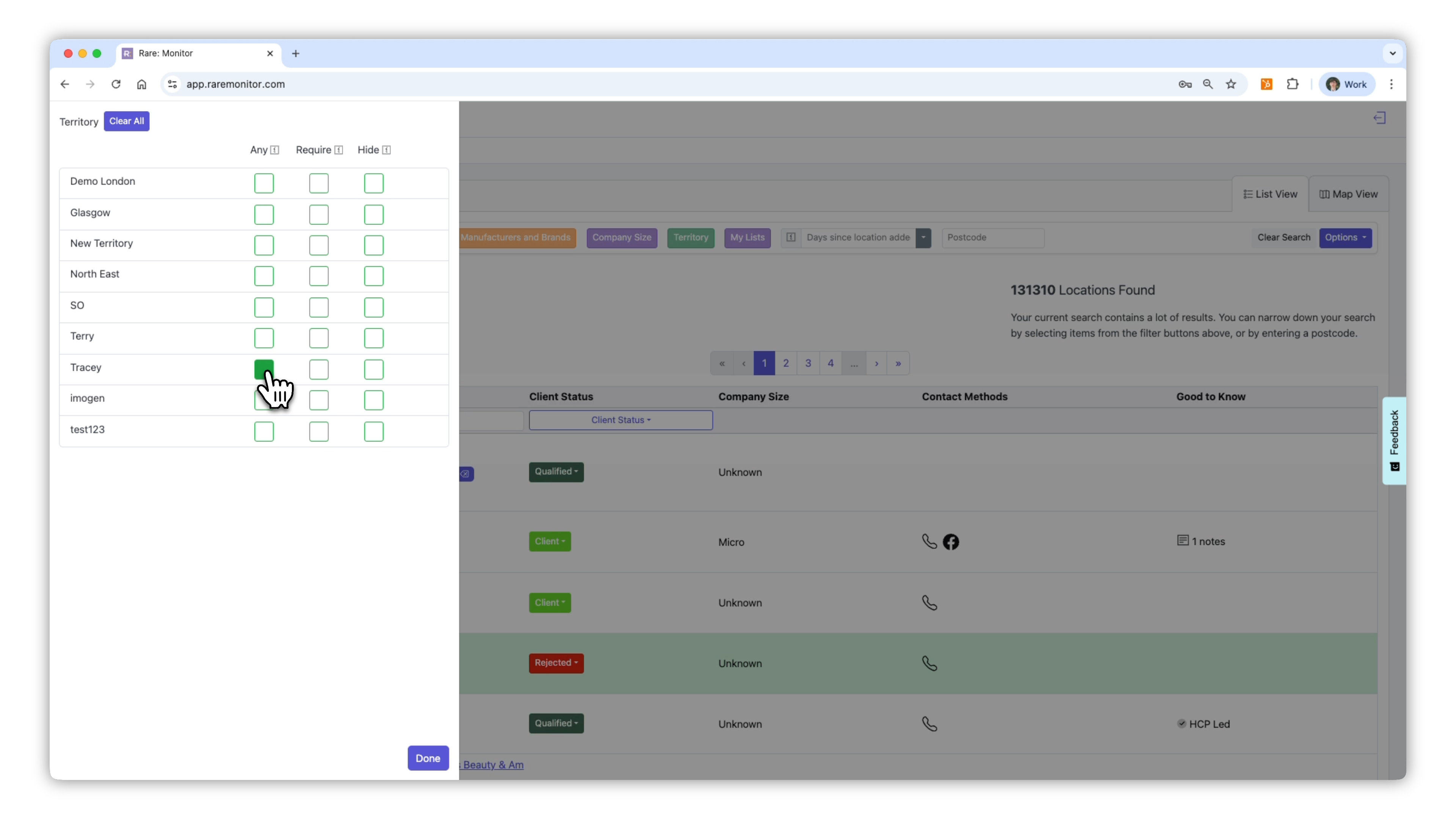 Screenshot from the Rare.Monitor how-to guide for Territory Building & Mapping, illustrating "Run a Search Within a Territory".
