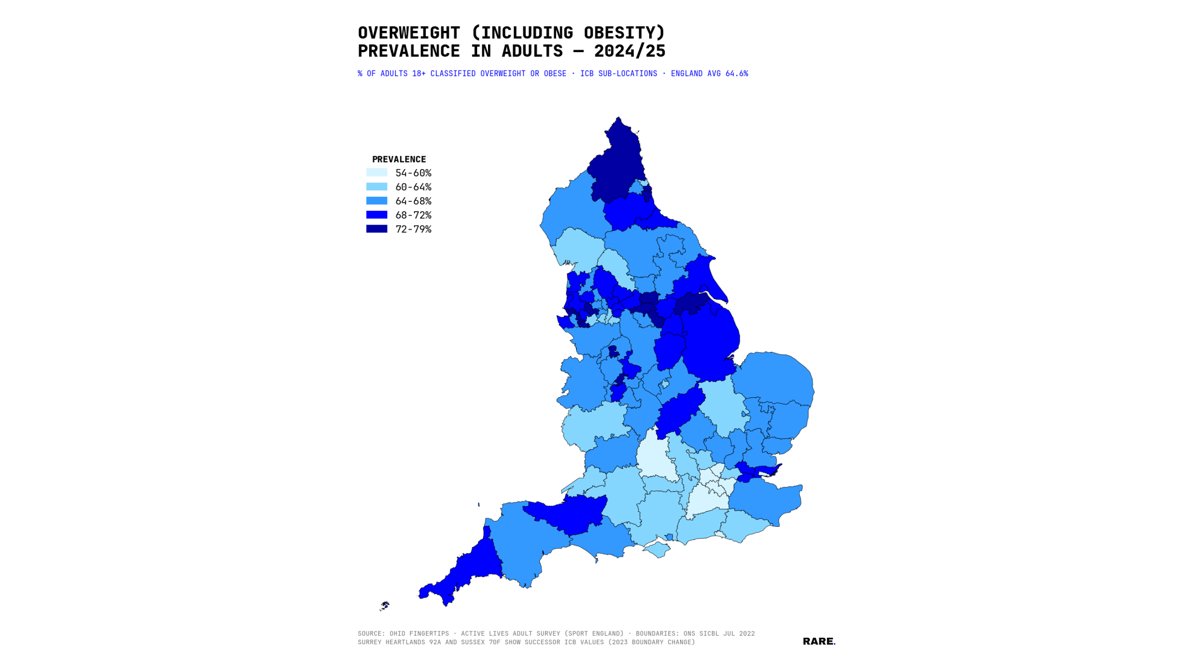 Adult overweight and obesity prevalence spans a 25-point gap across English sub-ICB locations in 2024/25.