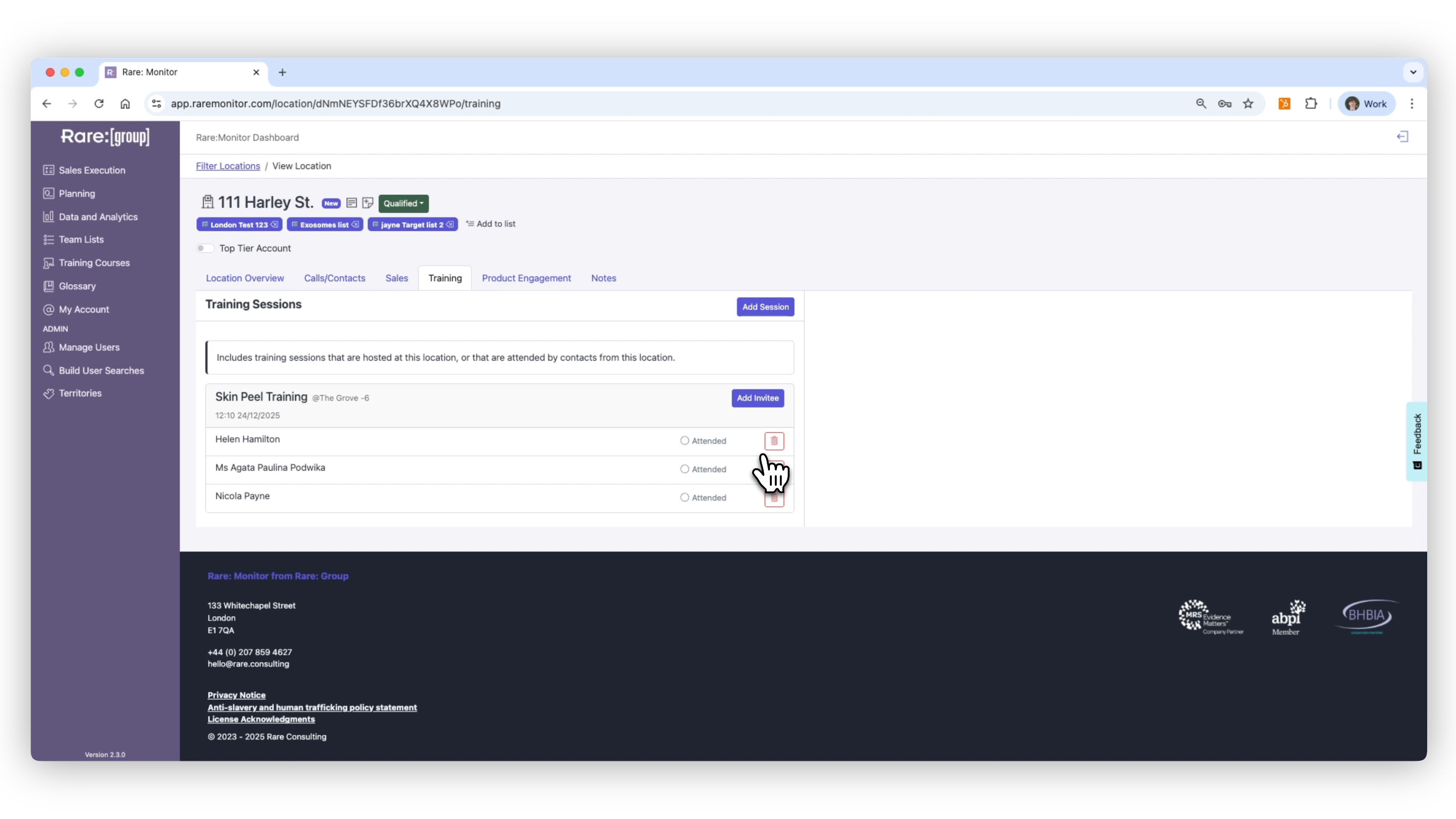 Screenshot from the Rare.Monitor how-to guide for Create Training Courses & Modules, illustrating "Add Attendees from a Clinic Page".