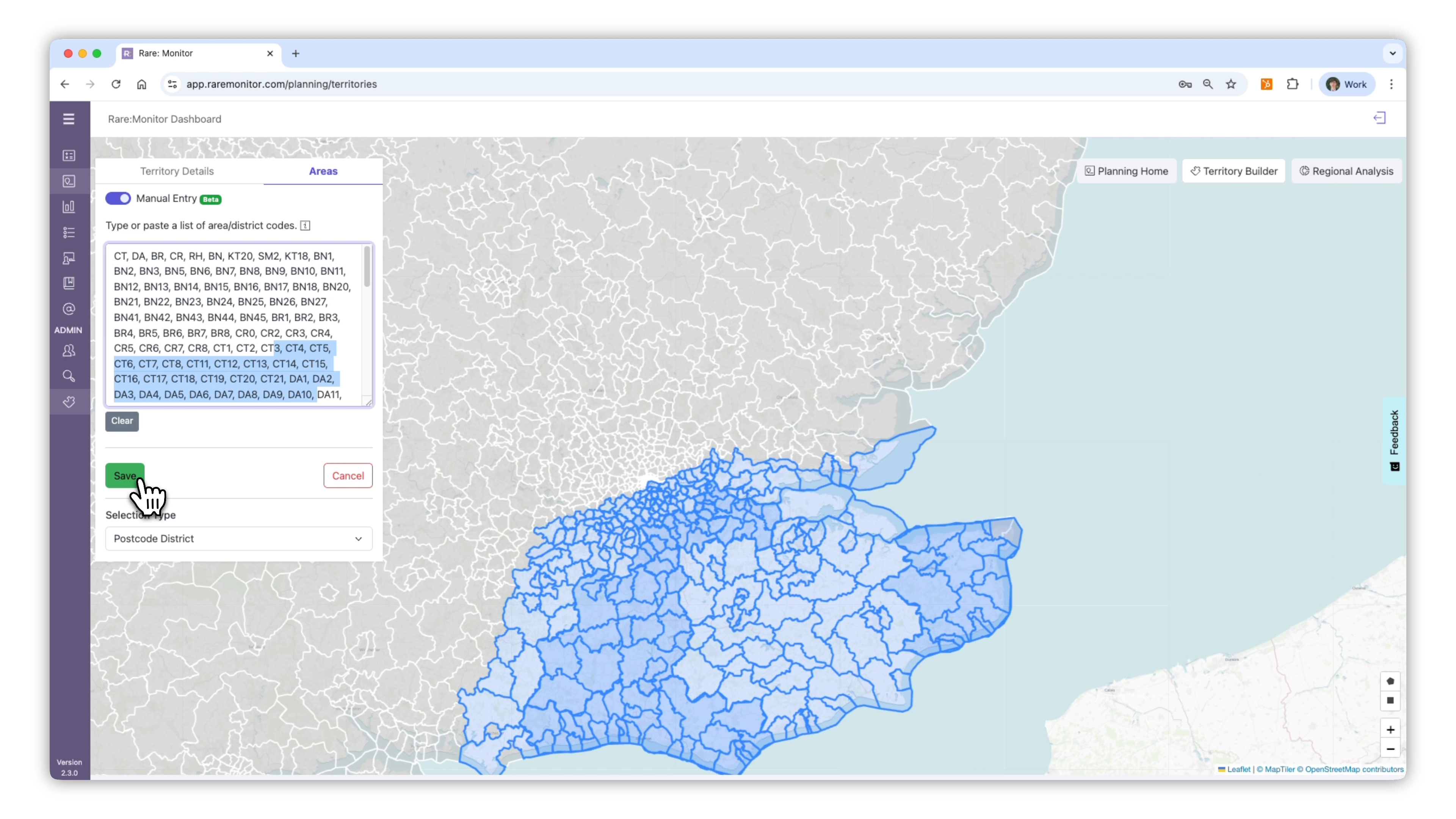 Screenshot from the Rare.Monitor how-to guide for Territory Building & Mapping, illustrating "Refine by Postcode or Company Size".