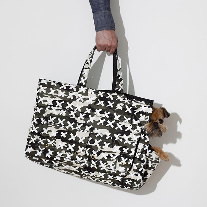 a dog in a black and white Mr. Dog bag 