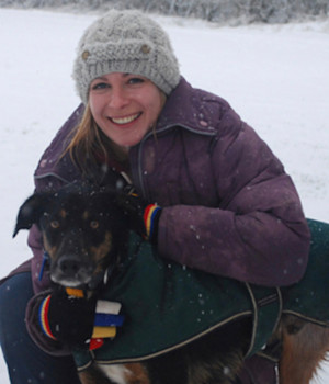 Felicity Parris, Veterinary Physio, with her dog in the snow