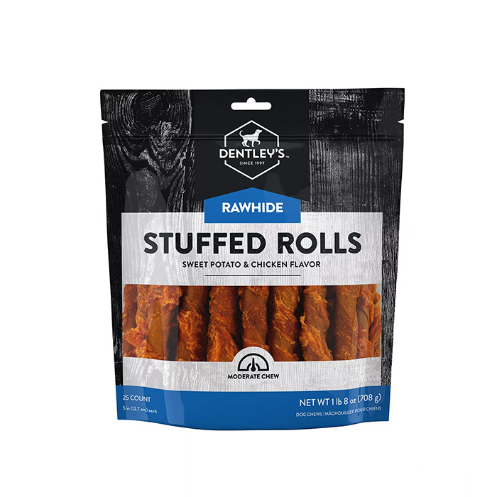 Dentleys Gourmet Rawhide Stuffed Rolls Dog Treats Sweet Potato and Chicken