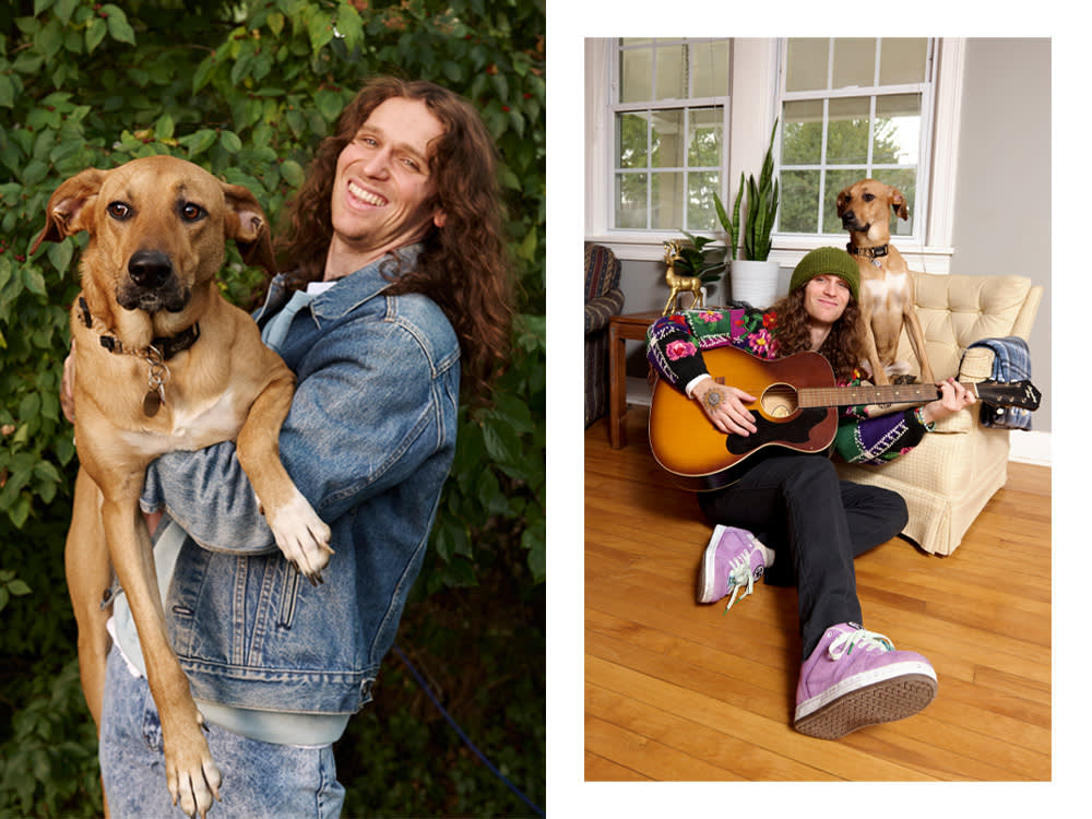 Briston Maroney holding his dog; Briston Maroney playing guitar with his dog 