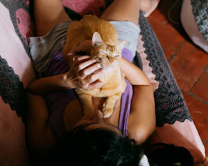 Orange Cat Resting On Woman's Chest On Pink Sofa