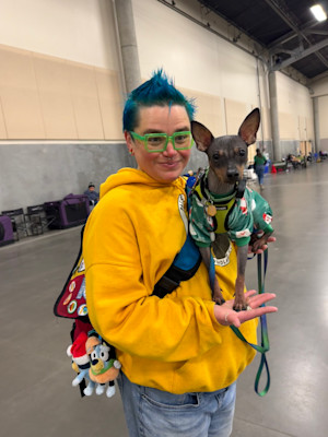sassafras patterdale holding a dog