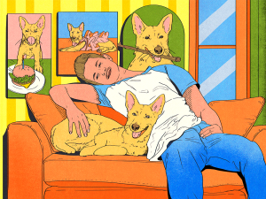 illustration of a man cuddling a dog on a couch