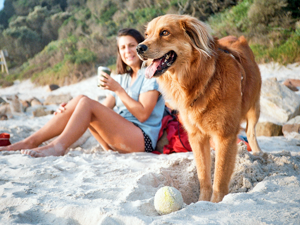 Woman and her dog at the beach.