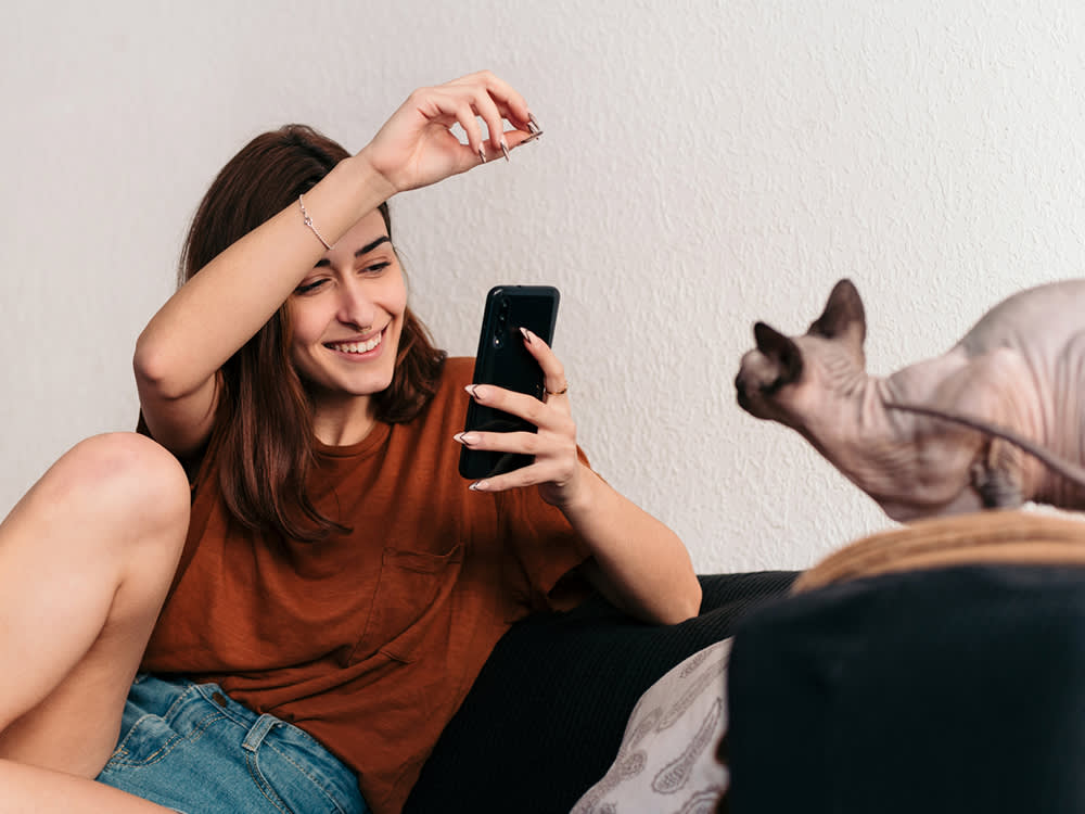 Woman taking a picture of her Sphynx cat with a phone at home