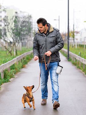 Man walking his small brown puppy outside.