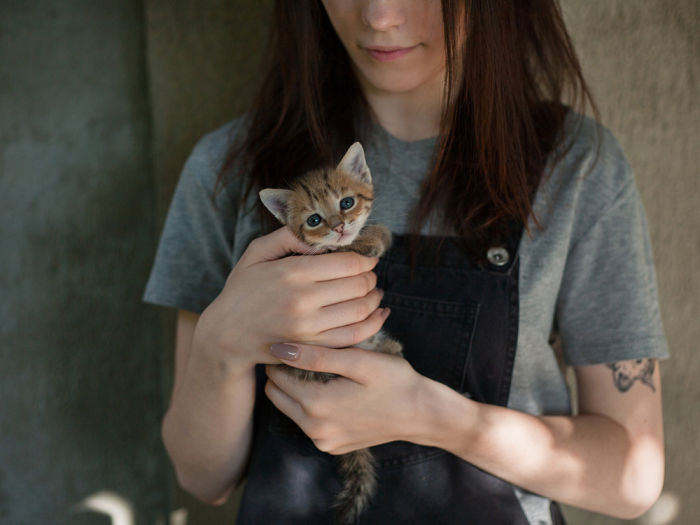 Woman in a grey t-shirt and black overalls holding a sad looking ginger kitten