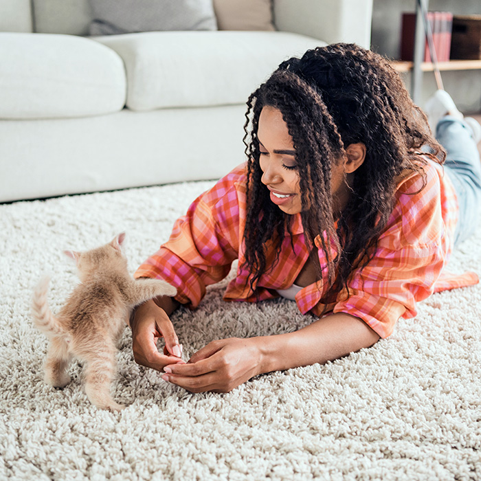 Woman playing with her kitten at home.