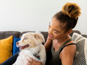 woman smiling looking at small Australian Shepard 