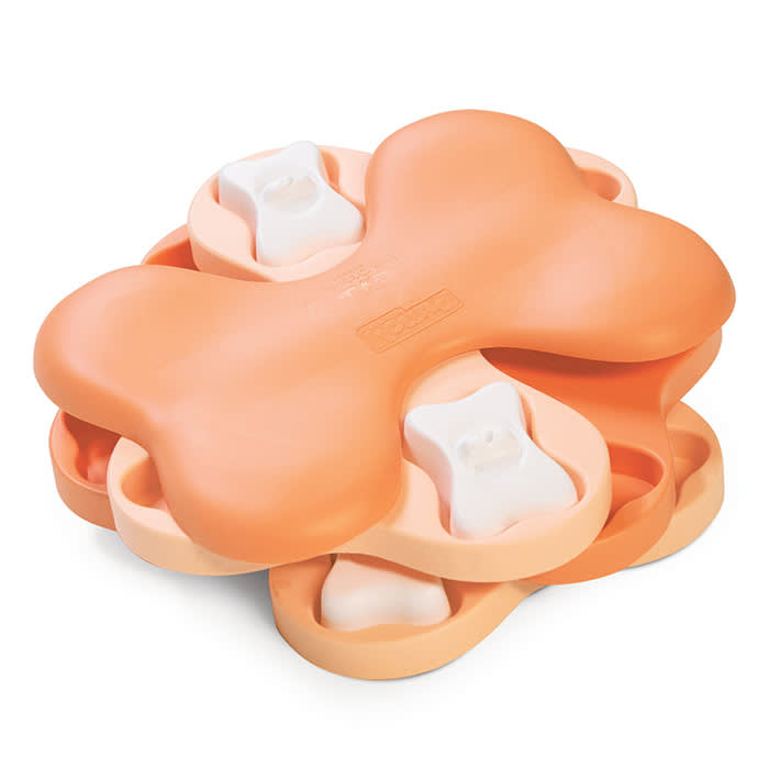 orange interactive dog toy in the shape of a bone