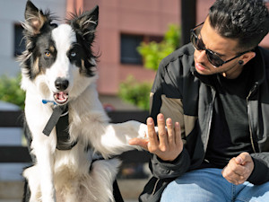 Man looking at his dog's paw outside.