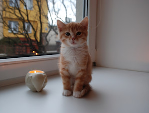 a picture of a small ginger kitten next to a candle in an elephant ceramic candle holder. On a windowsill