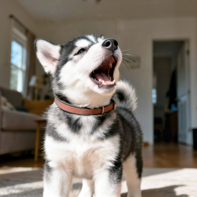Husky puppy barking at home.