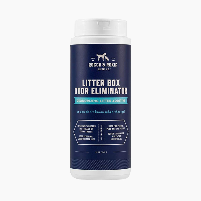 litter box deodorizer with navy blue label