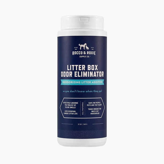 litter box deodorizer with navy blue label