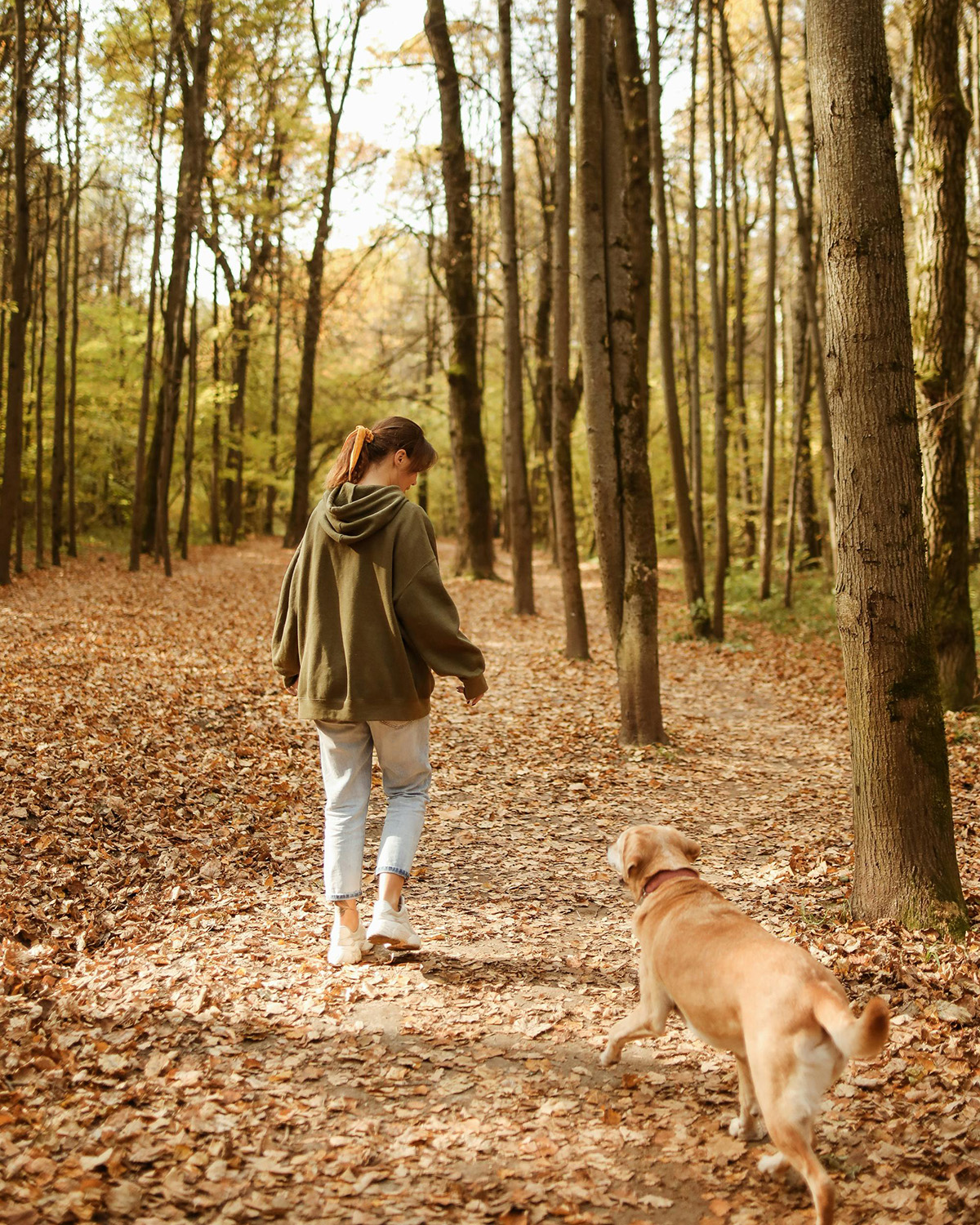 woman walking dog in the woods