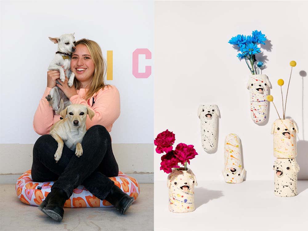 katie kimmel with her ceramics and dogs