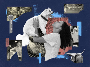 Dallas collage, a small white dog being held surrounded by images of Dallas: Mutts Cantina, skyline, a singer with a guitar