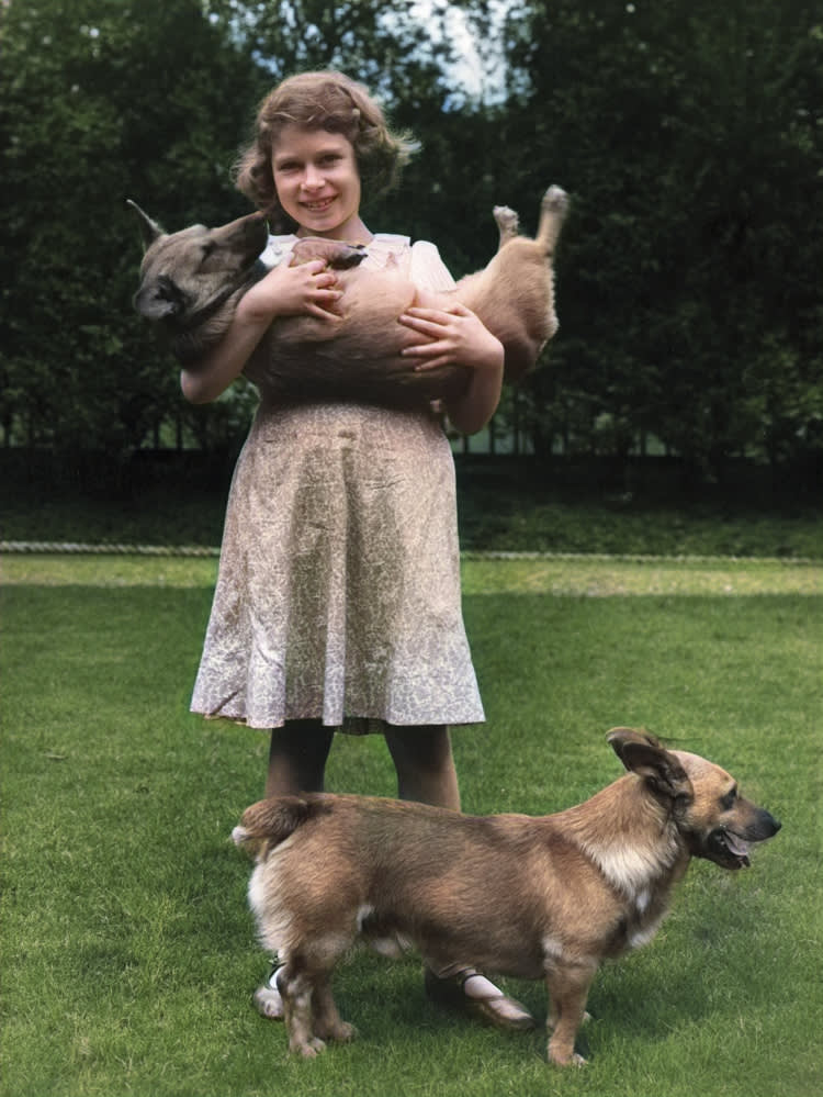 Princess Elizabeth (Queen Elizabeth II) holding one of her corgis in her arms and another corgi stands at her feet. 