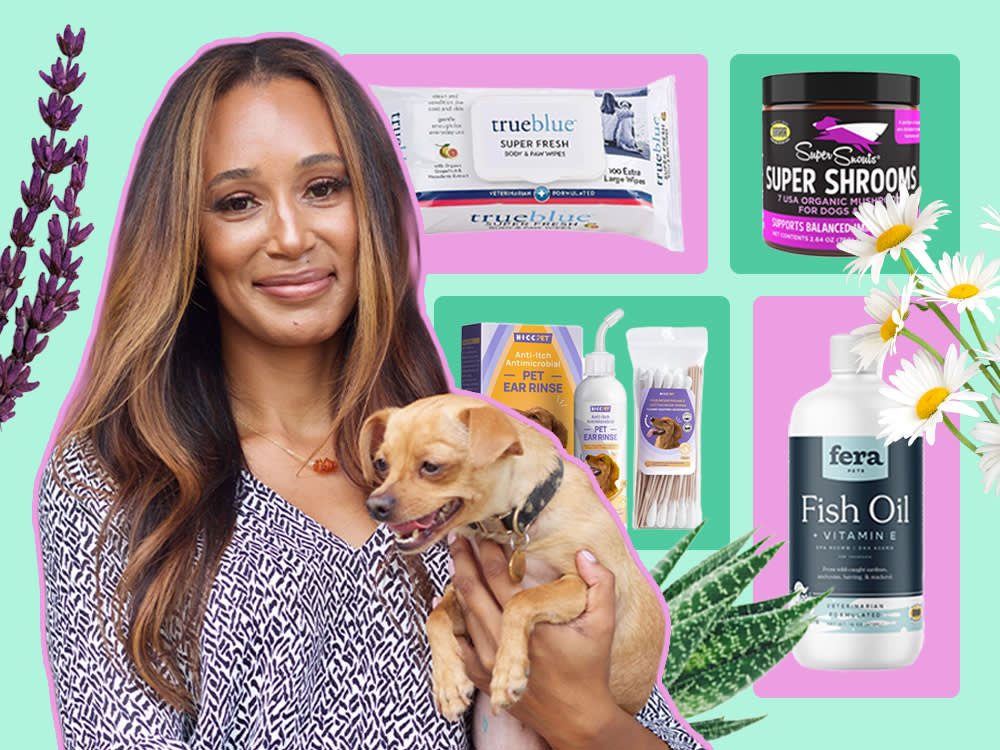 Dr. Lindsey Wendt holds a dog in front of a collection of allergy products.