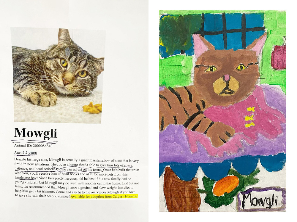 a painting of a cat named mowgli next to a painting of her