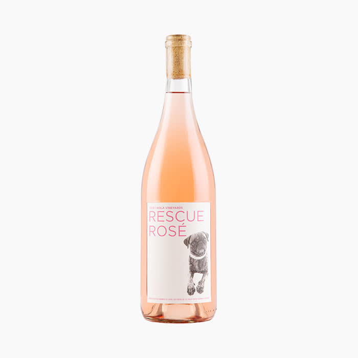 bottle of rose with dog on label