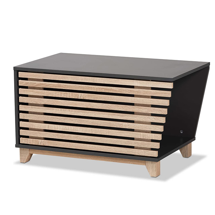 wood litter box enclosure with light wood panels and dark wood top and sides