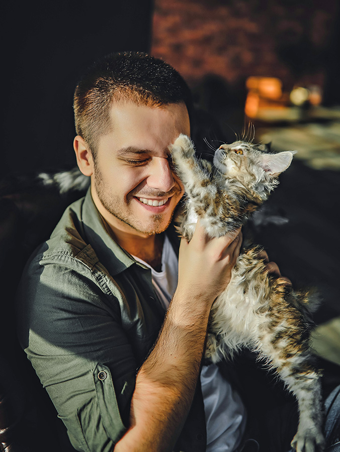 Cute kitten putting its paw on man's face at home.