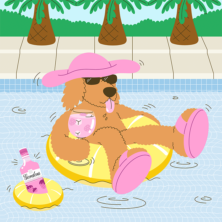 illustration of a dog in a pool with a pink hat and pink shoes