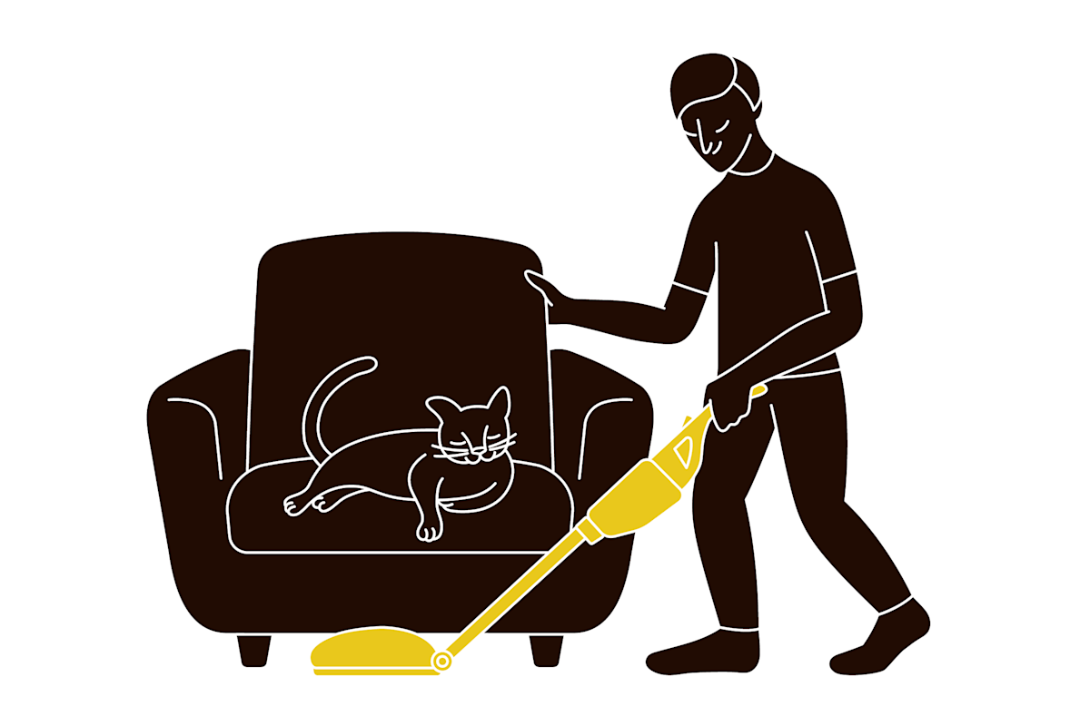 pet parent vacuums while their cat sits on the couch