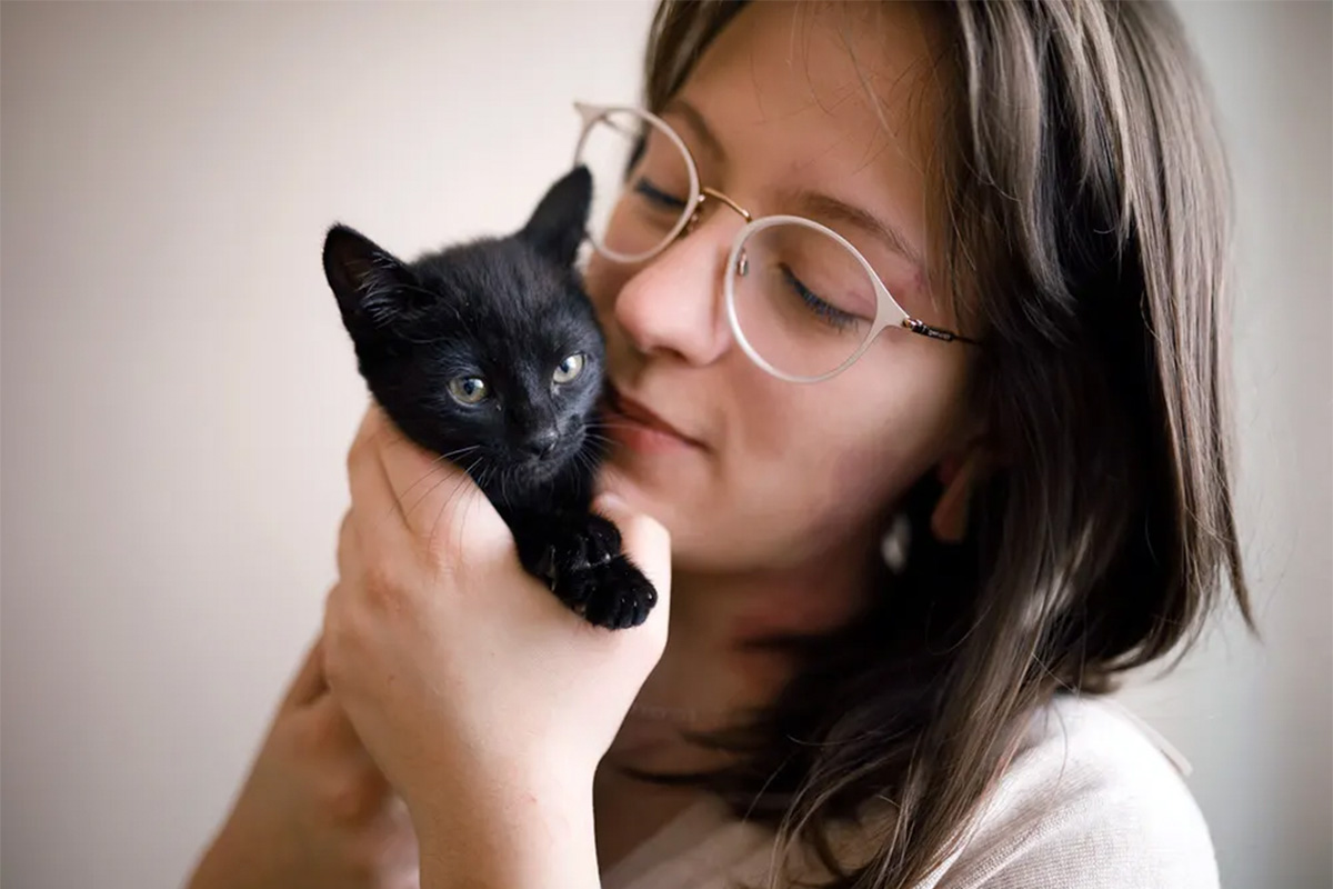 Person holding black cat