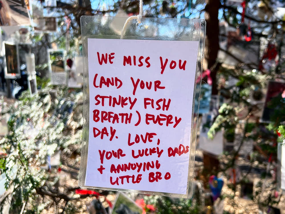 an ornament on the Pet Memorial Christmas Tree: the words "We miss you (and your stinky fish breath) every day. Love, your lucky dads + annoying little bro"