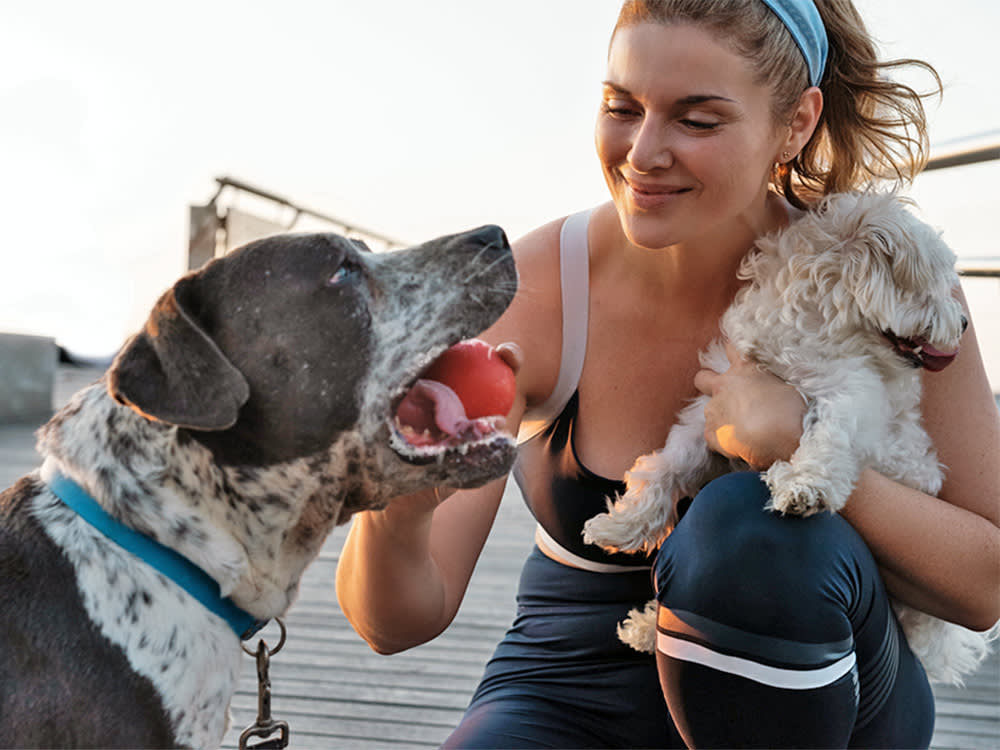 Woman playing with her dog and his ball outside.