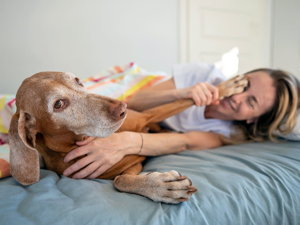 Woman laying in bed with her dog at home.