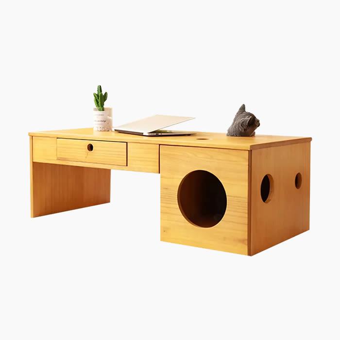 the wood cat house in yellow