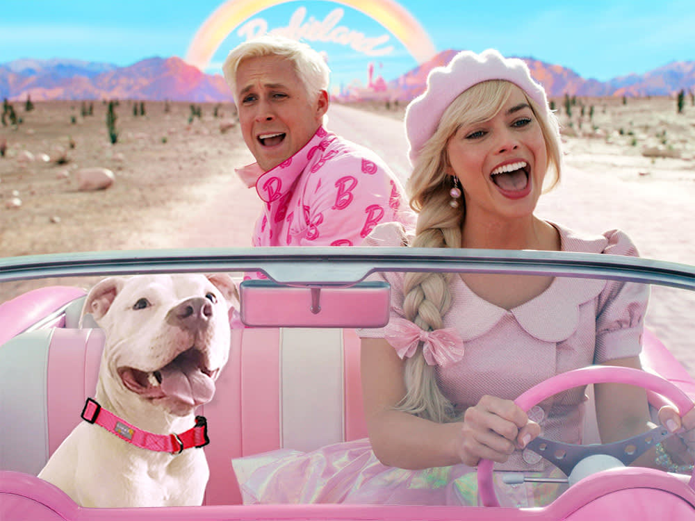 Ryan Gosling and Margot Robbie in Greta Gerwig's new movie, Barbie, with a white Pit Bull.