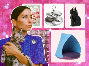 A woman holding a cat against a pink background, a collage of cat products: cat earrings, a cat print, a cat bed, a cat candle